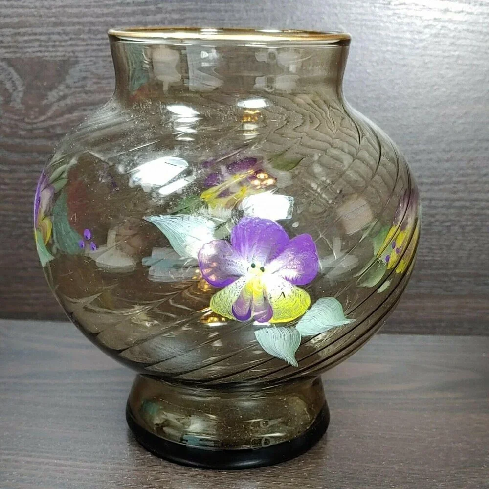 Hand Painted Floral Swirl Ribbed Gold Rim Brown Glass Vase Vintage Local Artist